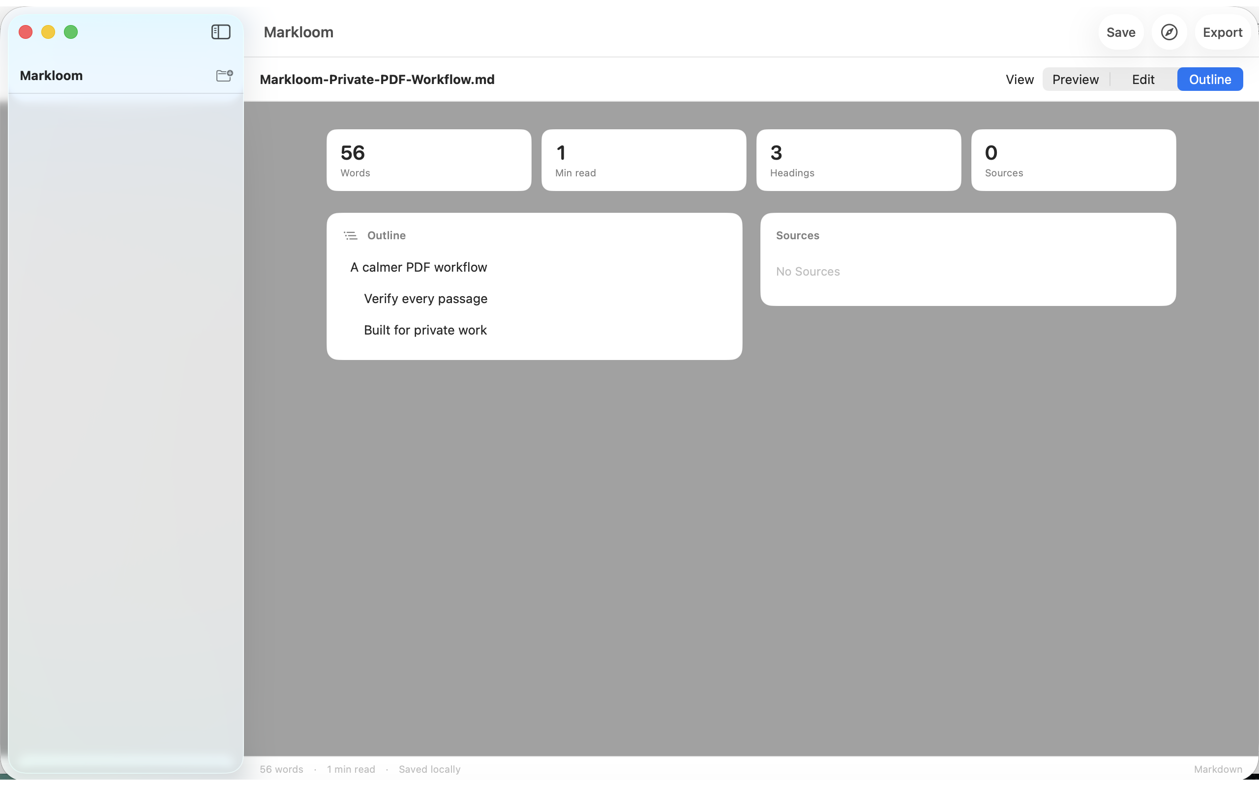 Markloom document outline and source counts