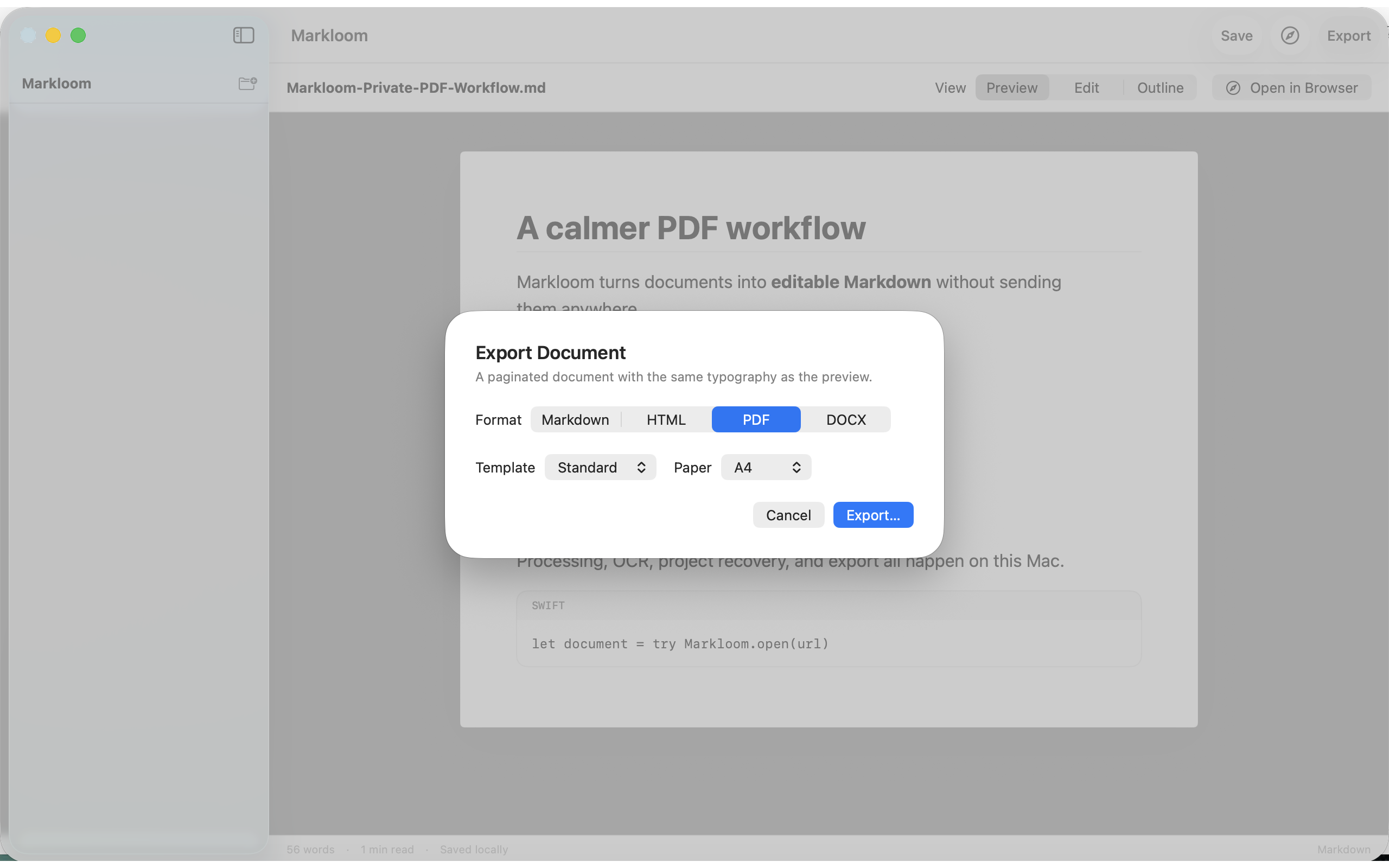 Markloom export dialog for Markdown, HTML, PDF, and DOCX