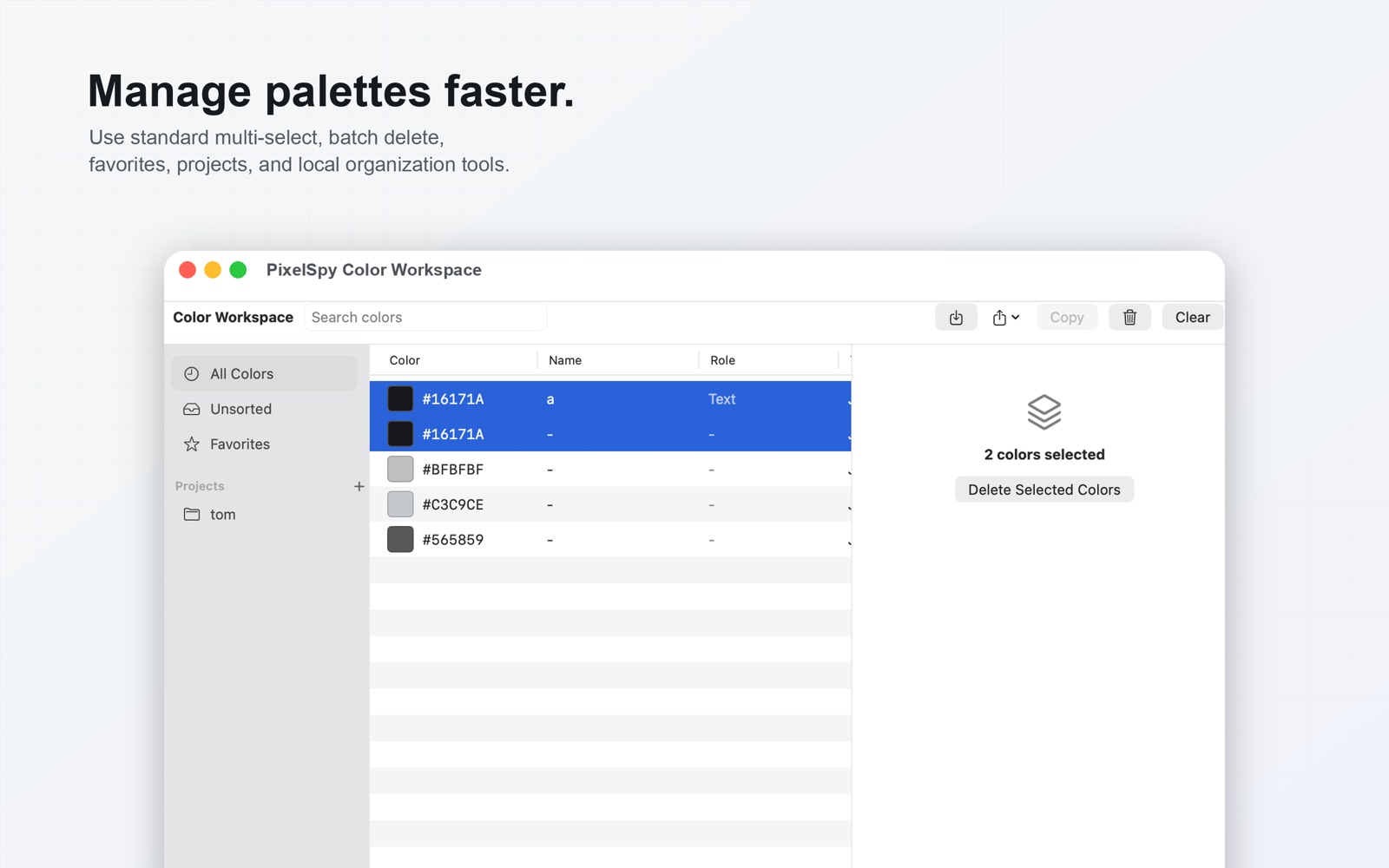 PixelSpy palette and project management