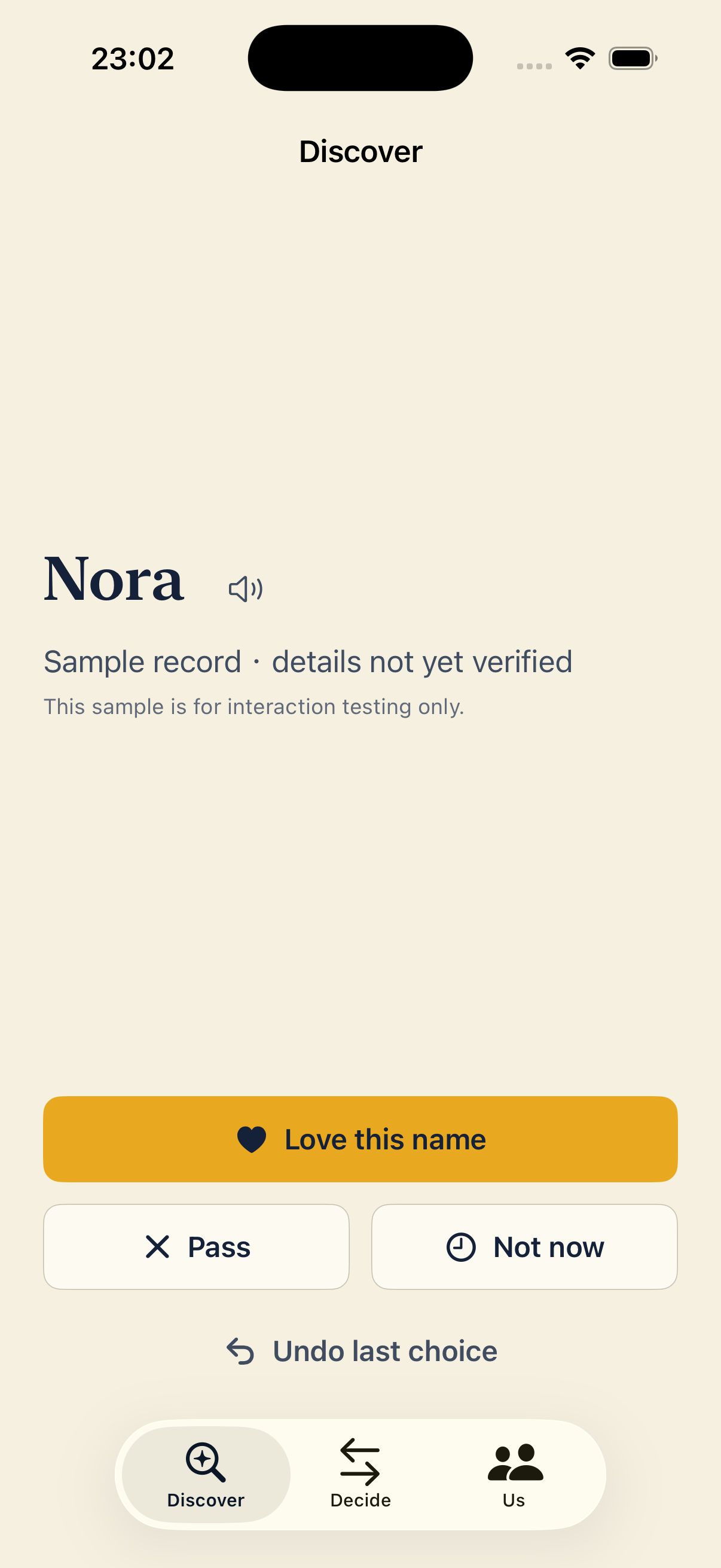 Tandem Names Discover screen showing a sample name and private reaction controls
