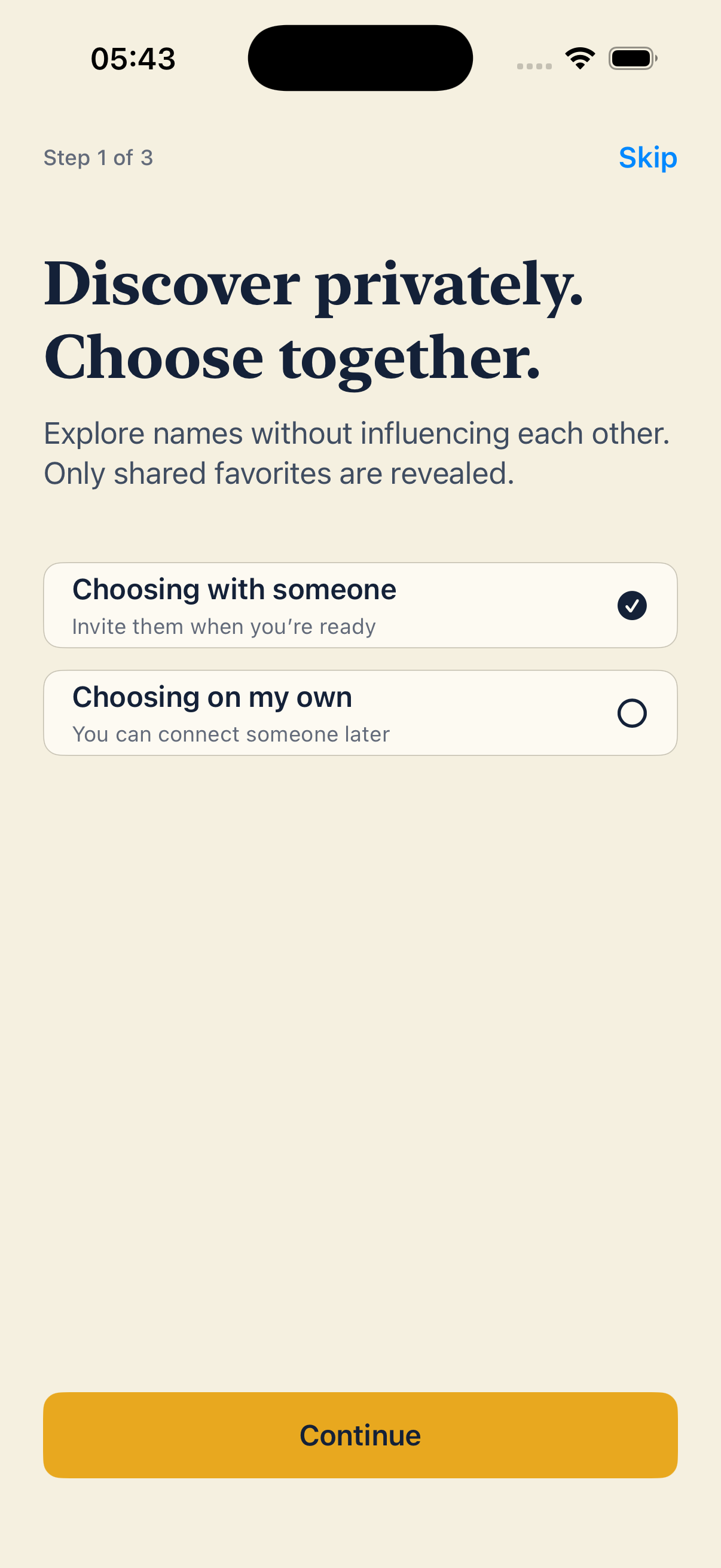 Tandem Names onboarding explaining private discovery